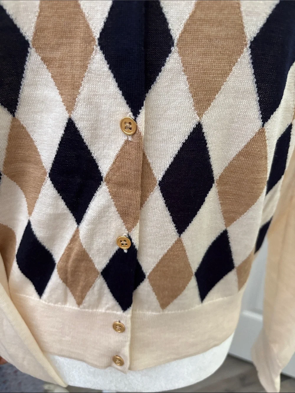 Argyle Button-Front Cardigan in Beige, Black & Cream